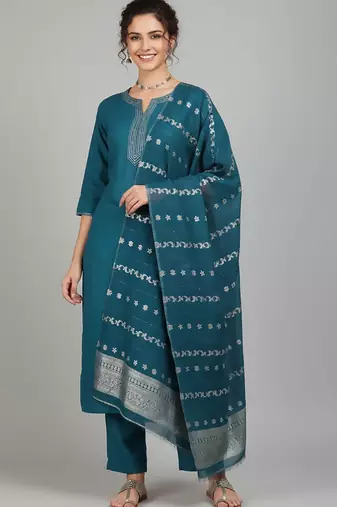 Women Ethnic Motifs Embroidered Regular Thread Work Kurta with Trousers & With Dupatta