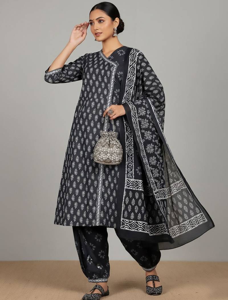 Women Ethnic Motifs Printed Angrakha Kurta with Patiala & With Dupatta