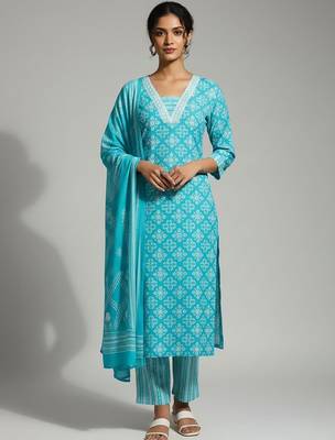Women Printed Regular Kurta with Trousers & With Dupatta 1