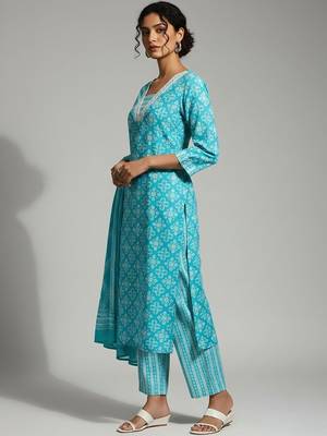 Women Printed Regular Kurta with Trousers & With Dupatta 3