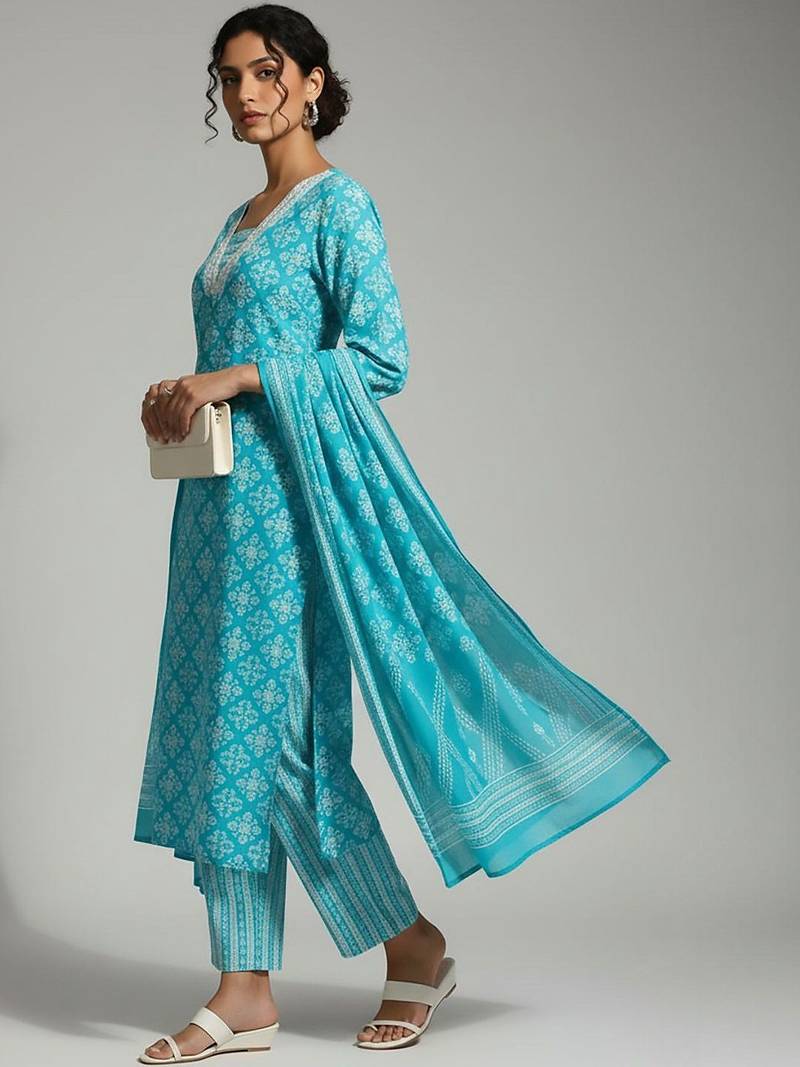 Women Printed Regular Kurta with Trousers & With Dupatta