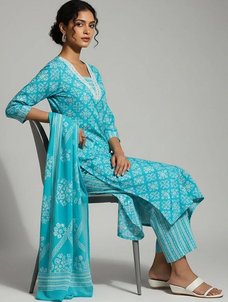 Women Printed Regular Kurta with Trousers & With Dupatta