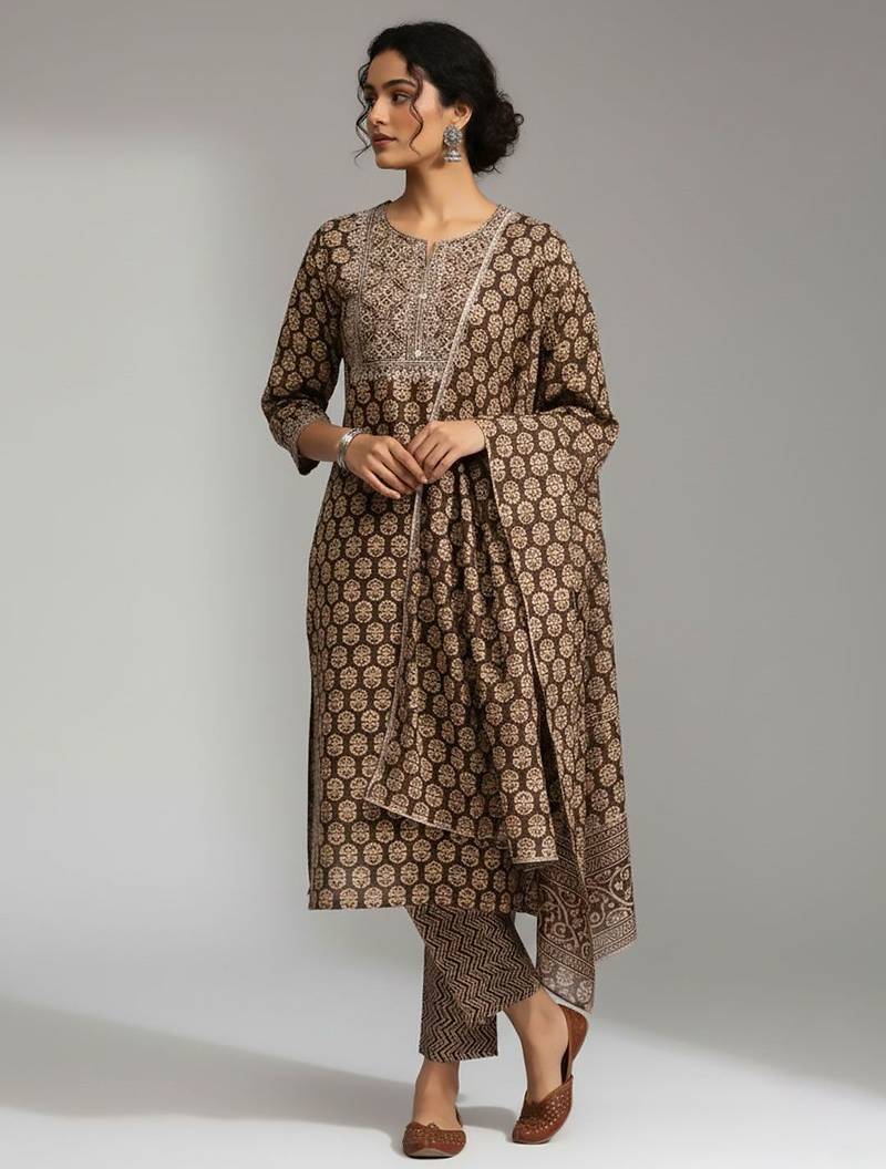 Women Ethnic Motifs Printed Regular Thread Work Kurta with Trousers & With Dupatta