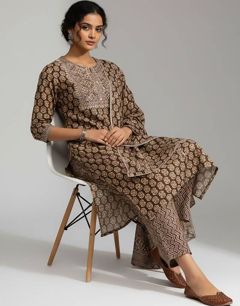 Women Ethnic Motifs Printed Regular Thread Work Kurta with Trousers & With Dupatta