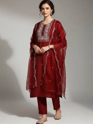 Women Ethnic Motifs Embroidered Regular Thread Work Kurta with Trousers & With Dupatta 1