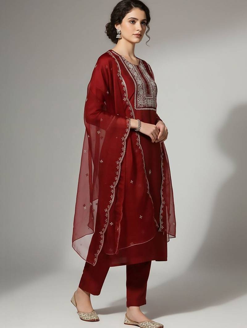 Women Ethnic Motifs Embroidered Regular Thread Work Kurta with Trousers & With Dupatta