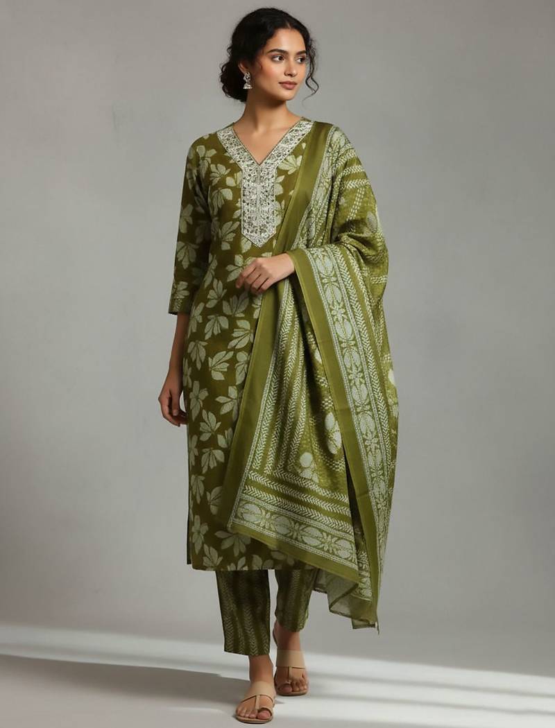 Women Floral Printed Regular Thread Work Kurta with Trousers & With Dupatta