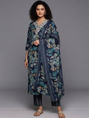 Women Floral Printed Regular Thread Work Kurta with Trousers & With Dupatta 1