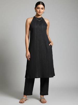 Women Striped Regular Silk Crepe Kurta with Trousers 1