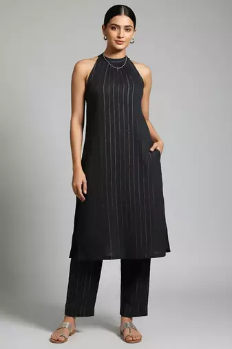 Women Striped Regular Silk Crepe Kurta with Trousers