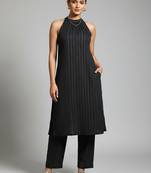 Women Striped Regular Silk Crepe Kurta with Trousers