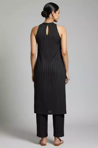 Women Striped Regular Silk Crepe Kurta with Trousers