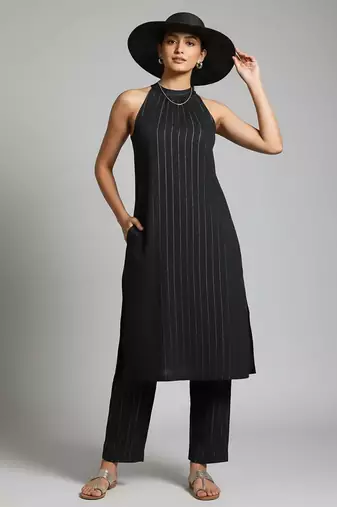 Women Striped Regular Silk Crepe Kurta with Trousers