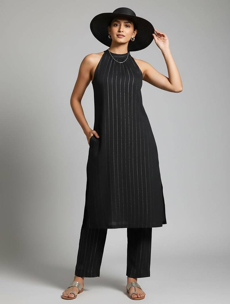 Women Striped Regular Silk Crepe Kurta with Trousers