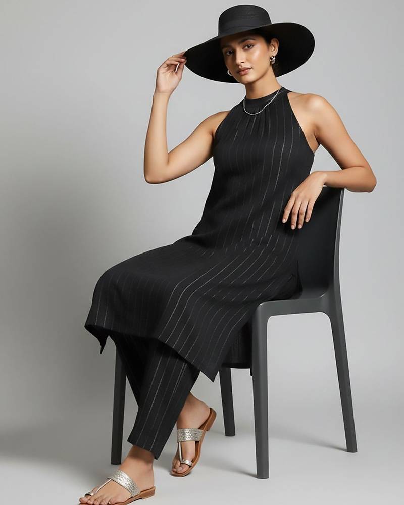 Women Striped Regular Silk Crepe Kurta with Trousers