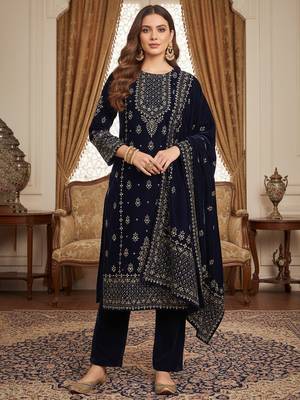 Women Ethnic Motifs Embroidered Regular Thread Work Velvet Kurta with Trousers & With Dupatta 1