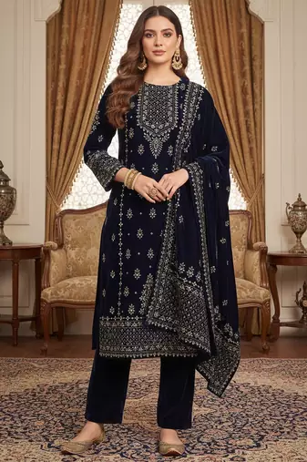 Women Ethnic Motifs Embroidered Regular Thread Work Velvet Kurta with Trousers & With Dupatta