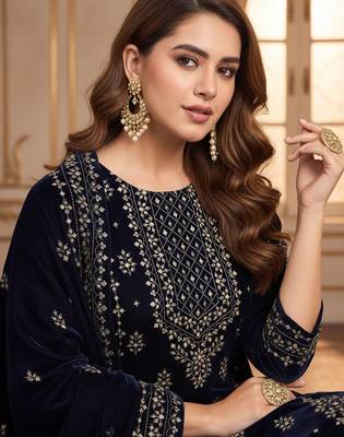 Women Ethnic Motifs Embroidered Regular Thread Work Velvet Kurta with Trousers & With Dupatta 2
