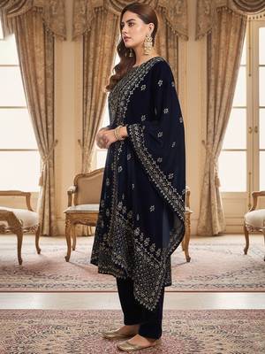 Women Ethnic Motifs Embroidered Regular Thread Work Velvet Kurta with Trousers & With Dupatta 4