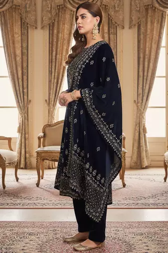 Women Ethnic Motifs Embroidered Regular Thread Work Velvet Kurta with Trousers & With Dupatta