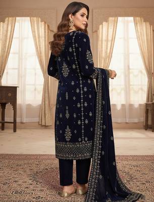 Women Ethnic Motifs Embroidered Regular Thread Work Velvet Kurta with Trousers & With Dupatta 5