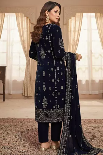 Women Ethnic Motifs Embroidered Regular Thread Work Velvet Kurta with Trousers & With Dupatta