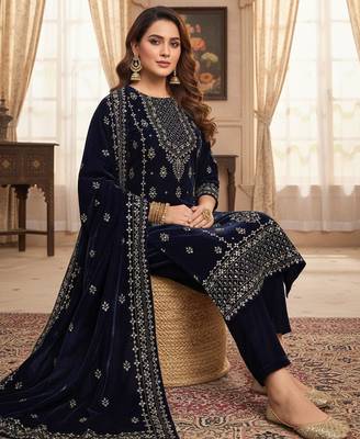 Women Ethnic Motifs Embroidered Regular Thread Work Velvet Kurta with Trousers & With Dupatta 6