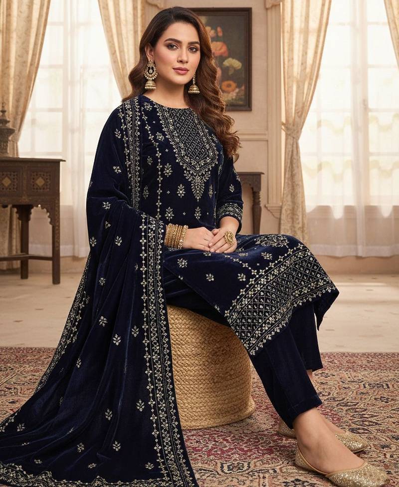 Women Ethnic Motifs Embroidered Regular Thread Work Velvet Kurta with Trousers & With Dupatta
