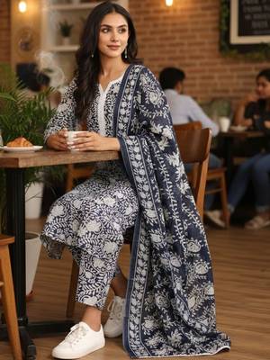 Women Floral Printed Regular Kurta with Trousers & With Dupatta 3