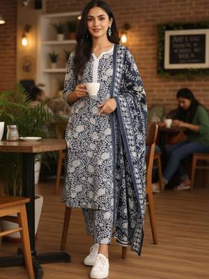 Women Floral Printed Regular Kurta with Trousers & With Dupatta 4