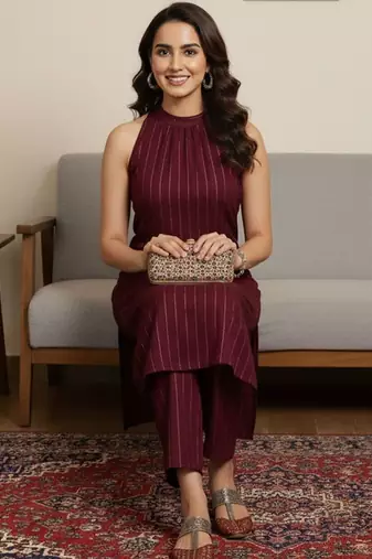 Women Striped Regular Silk Crepe Kurta with Trousers