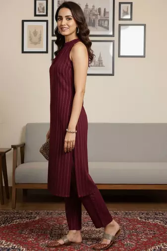 Women Striped Regular Silk Crepe Kurta with Trousers