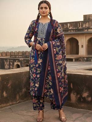 Women Floral Printed Regular Thread Work Kurta with Trousers & With Dupatta 1