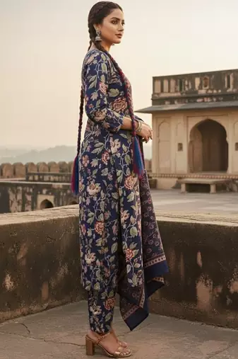Women Floral Printed Regular Thread Work Kurta with Trousers & With Dupatta