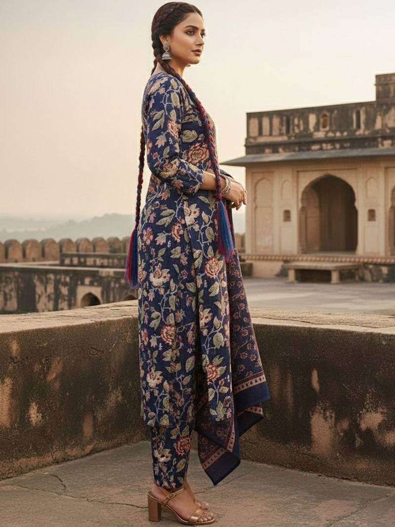 Women Floral Printed Regular Thread Work Kurta with Trousers & With Dupatta