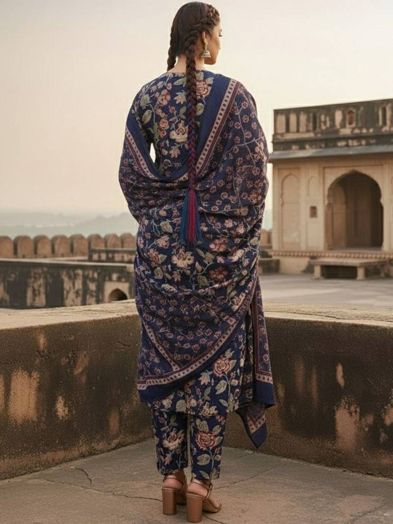 Women Floral Printed Regular Thread Work Kurta with Trousers & With Dupatta