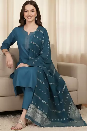 Notch Neck Straight Kurta With Trousers & Dupatta
