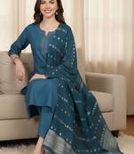 Notch Neck Straight Kurta With Trousers & Dupatta