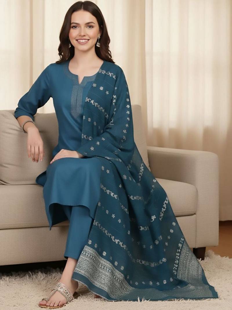 Notch Neck Straight Kurta With Trousers & Dupatta