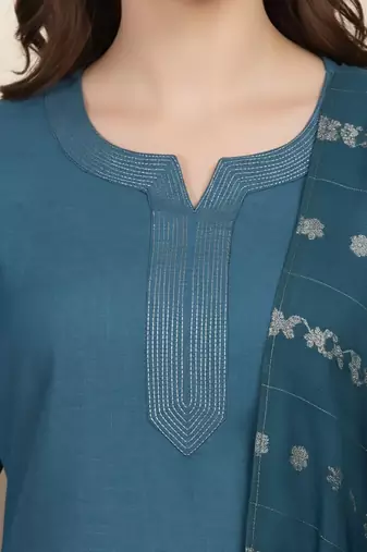 Notch Neck Straight Kurta With Trousers & Dupatta