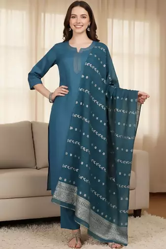 Notch Neck Straight Kurta With Trousers & Dupatta