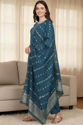 Notch Neck Straight Kurta With Trousers & Dupatta