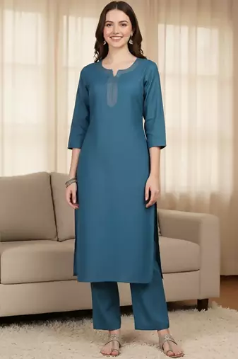 Notch Neck Straight Kurta With Trousers & Dupatta