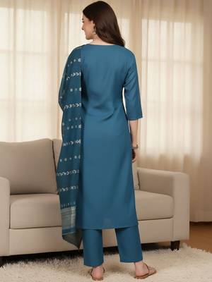 Notch Neck Straight Kurta With Trousers & Dupatta 6