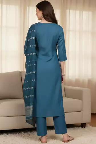 Notch Neck Straight Kurta With Trousers & Dupatta