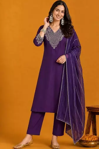 Ethnic Motifs Yoke Design Thread Work Straight Kurta With Trousers & Dupatta