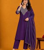 Ethnic Motifs Yoke Design Thread Work Straight Kurta With Trousers & Dupatta