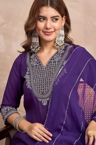 Ethnic Motifs Yoke Design Thread Work Straight Kurta With Trousers & Dupatta