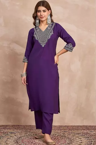 Ethnic Motifs Yoke Design Thread Work Straight Kurta With Trousers & Dupatta