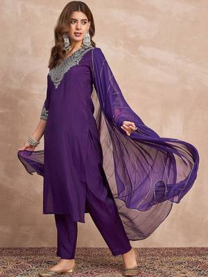 Ethnic Motifs Yoke Design Thread Work Straight Kurta With Trousers & Dupatta 6
